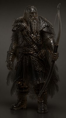 full-body original character: a dwarven ranger with a braided auburn beard, worn leather armor, a longbow and a wolf-pelt cloak, neutral background, no text