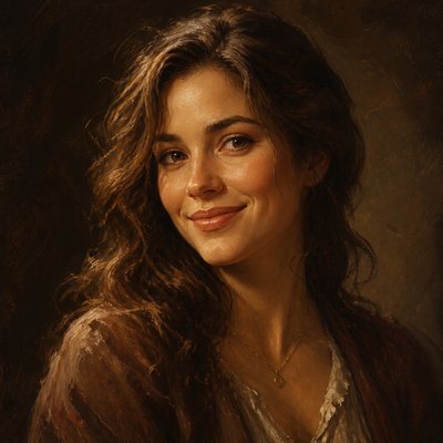 head-and-shoulders portrait of an original character: a young woman with wavy chestnut hair and a warm smile, plain soft backdrop