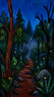 a mysterious forest path with fireflies and drifting mist, atmospheric vertical composition with open space at the top, no text