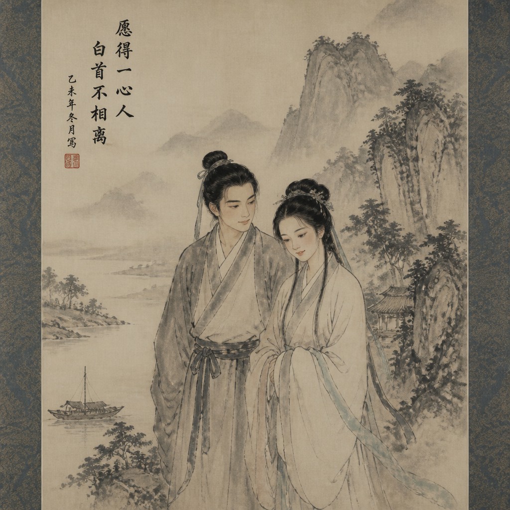 portrait of two people together — Scroll Painting Style