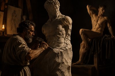Michelangelo carving with an athlete posing for him