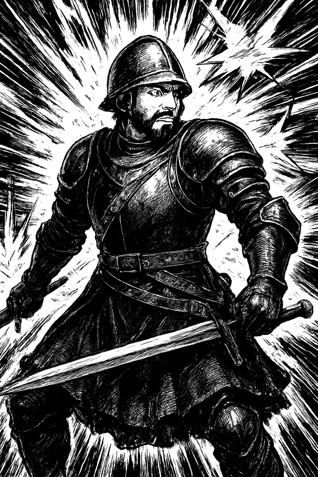 a painting of a man in armor holding two swords