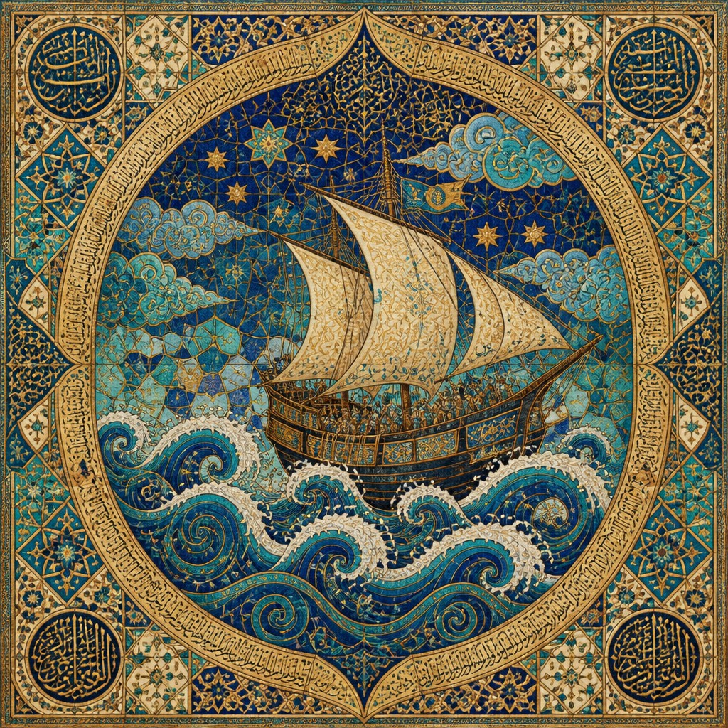 sailing ship on a stormy sea — Islamic Golden Age Art Style