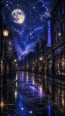 a quiet rainy city street at night reflecting neon signs, no people