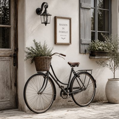bicyle resting against a wall