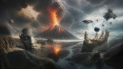 an erupting volcano with lightning strikes, dramatic wide composition, no text