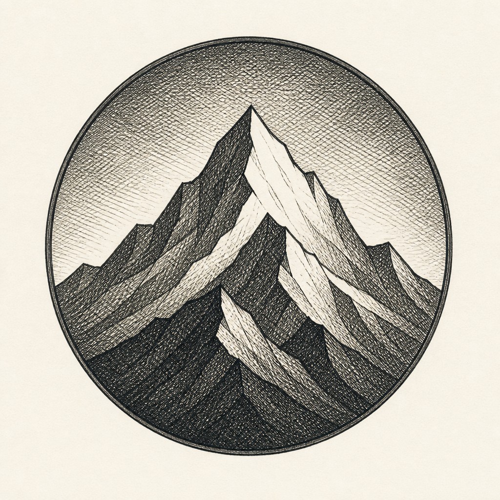an emblem of a mountain peak inside a circle, simple bold shapes on a plain background, no text or lettering