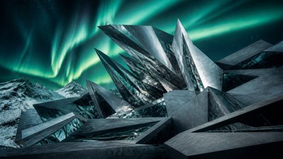 a flowing aurora over snowy peaks, wide sweeping composition, no people, no text
