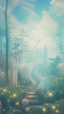 a mysterious forest path with fireflies and drifting mist, atmospheric vertical composition with open space at the top, no text