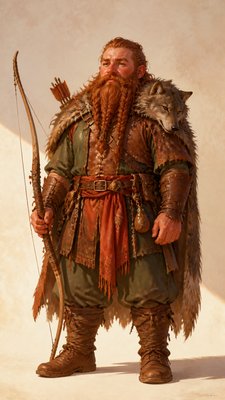 full-body original character: a dwarven ranger with a braided auburn beard, worn leather armor, a longbow and a wolf-pelt cloak, neutral background, no text