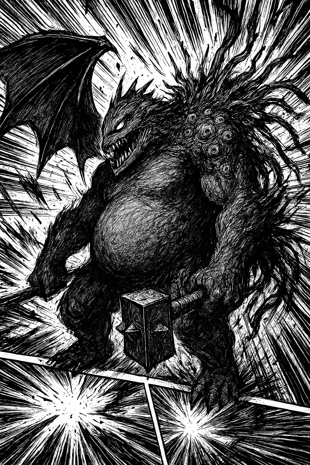 a black and white drawing of a demon holding a box
