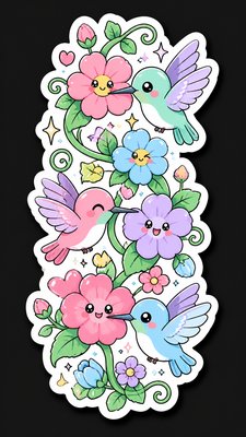 a climbing vine of flowers and hummingbirds on a dark background, tall wrapping composition, no text