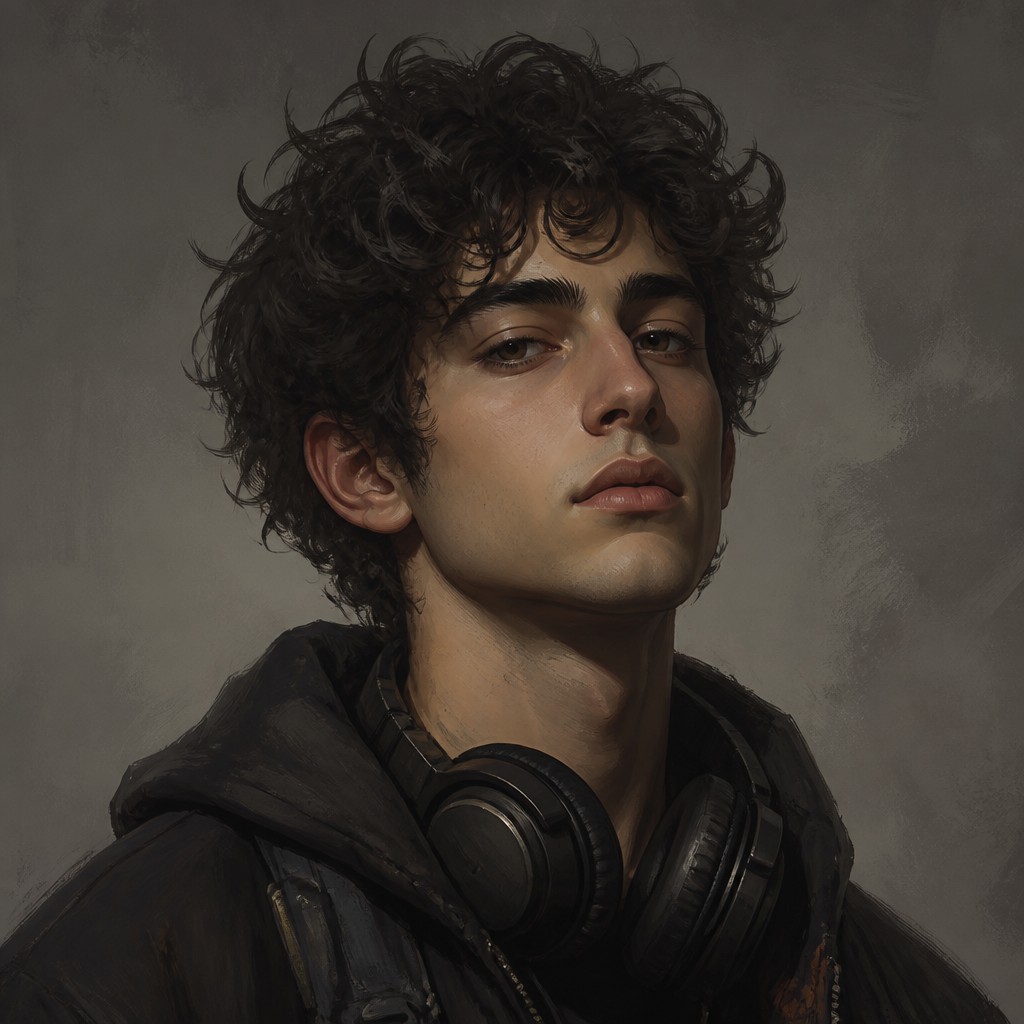 head-and-shoulders portrait of an original character: a young man with curly dark hair and headphones around his neck, plain backdrop, no text