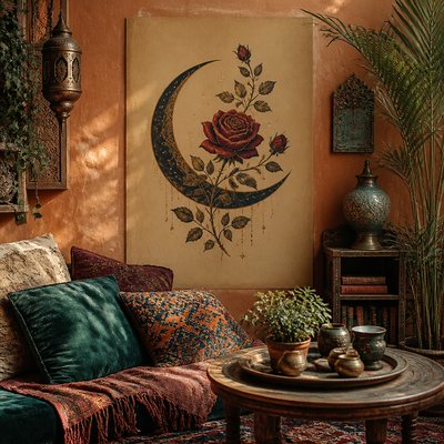 a rose entwined with a crescent moon, clean balanced composition on a plain background, no text