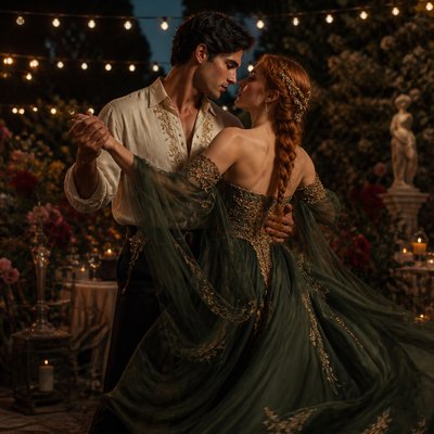 an original couple dancing under string lights in a garden at dusk: a man with short black hair in a linen shirt and a woman with braided red hair in a summer dress