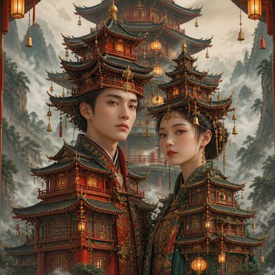 portrait of two people together — Pagoda Architecture Style