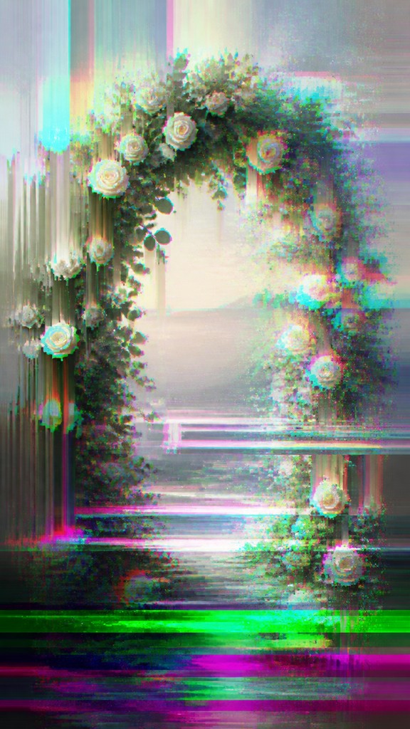 an arch of white roses and eucalyptus in soft morning light, elegant vertical composition with open space, no text