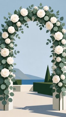 an arch of white roses and eucalyptus in soft morning light, elegant vertical composition with open space, no text