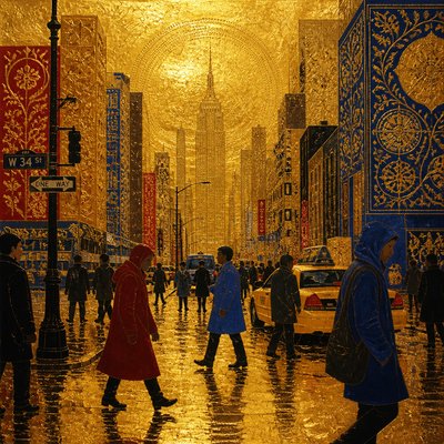 urban street with city activity — Gold Leaf Gilding Art Style