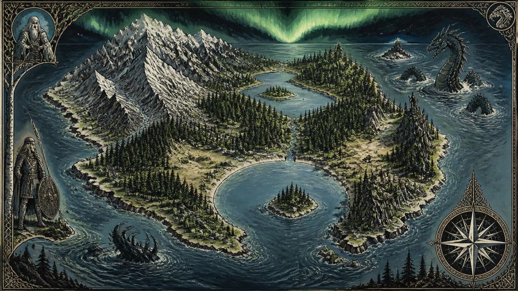 a map of an island realm with mountains, forests, a sheltered bay, sea monsters in the water and a compass rose, no text labels