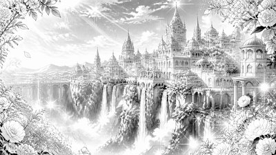 a cliffside city with waterfalls cascading into a misty canyon, wide establishing shot, no people, no text