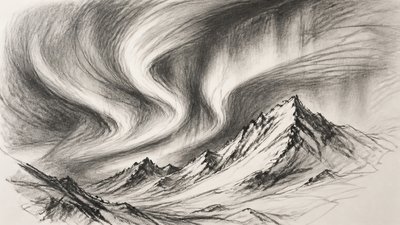 a flowing aurora over snowy peaks, wide sweeping composition, no people, no text