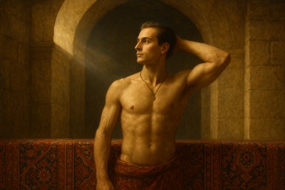 a painting of a man with no shirt on