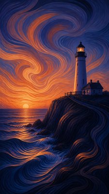 a lone lighthouse on a cliff at dusk under a dramatic sky, no text or lettering