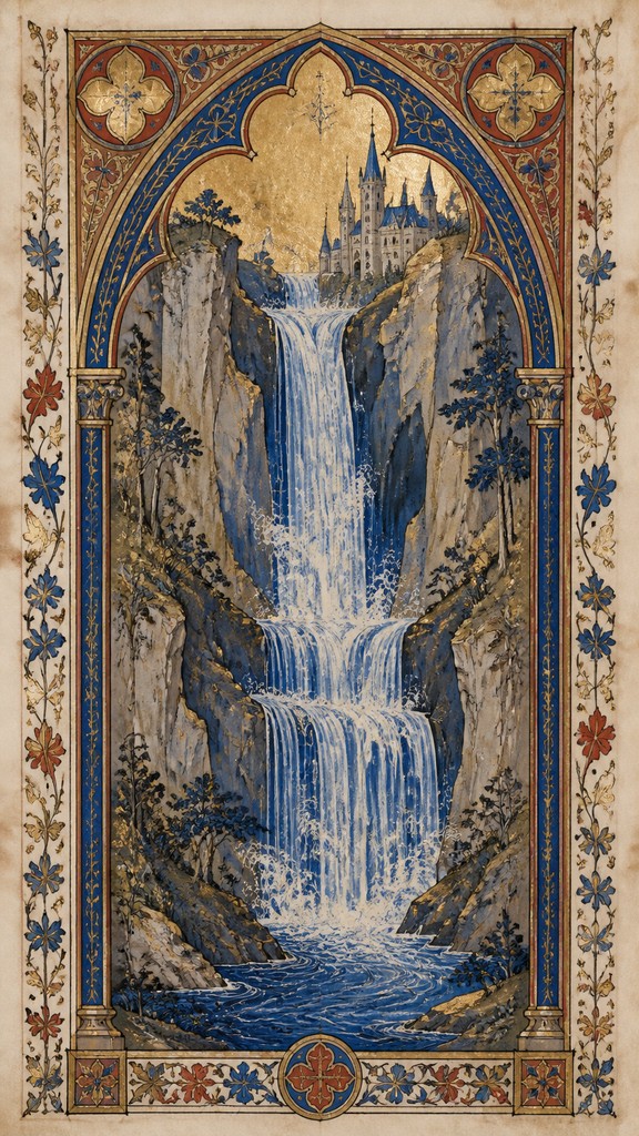 towering waterfall cascading down a cliff