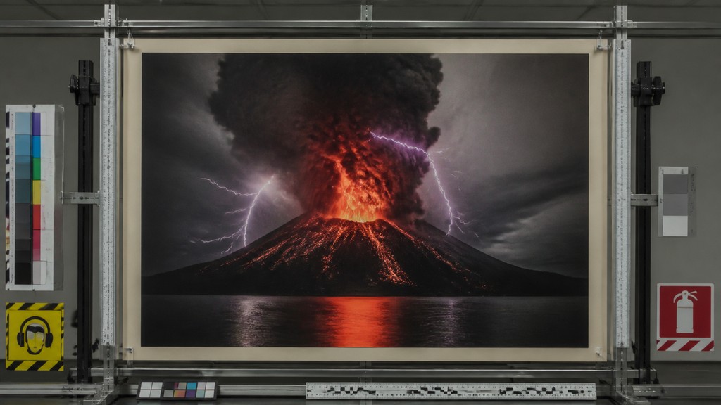 an erupting volcano with lightning strikes, dramatic wide composition, no text