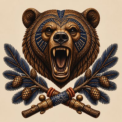 a roaring bear head above crossed pine branches, bold graphic composition on a plain background, no text
