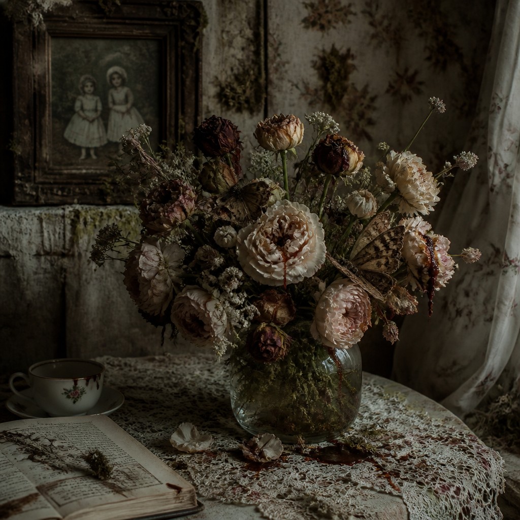 bouquet of flowers in a glass vase — Dark Cottagecore Aesthetic