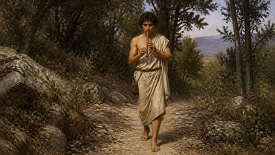 ancient greek flute player walking through the forest