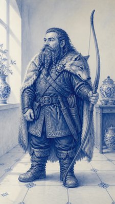 full-body original character: a dwarven ranger with a braided auburn beard, worn leather armor, a longbow and a wolf-pelt cloak, neutral background, no text