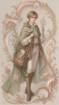 full-body original character: a wandering botanist with a satchel of plants, a patched green cloak, tall boots and round glasses, neutral background