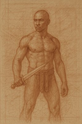 a drawing of a man holding a sword