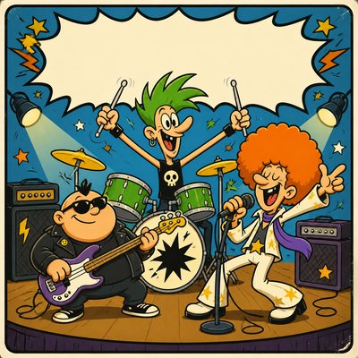 an album cover design: a cheerful cartoon rock band of three original characters - a tall drummer with green spiky hair, a short round bassist in sunglasses, and a singer with a big orange afro - posed on a simple stage with bold title lettering space at the top