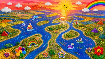 a wide river delta seen from above at sunset, no people