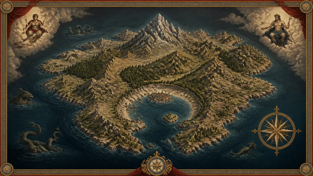 a map of an island realm with mountains, forests, a sheltered bay, sea monsters in the water and a compass rose, no text labels
