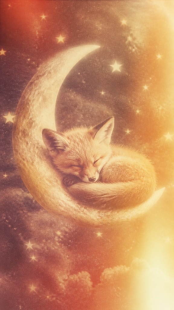 a sleeping baby fox curled on a crescent moon among soft stars, gentle and warm, no text