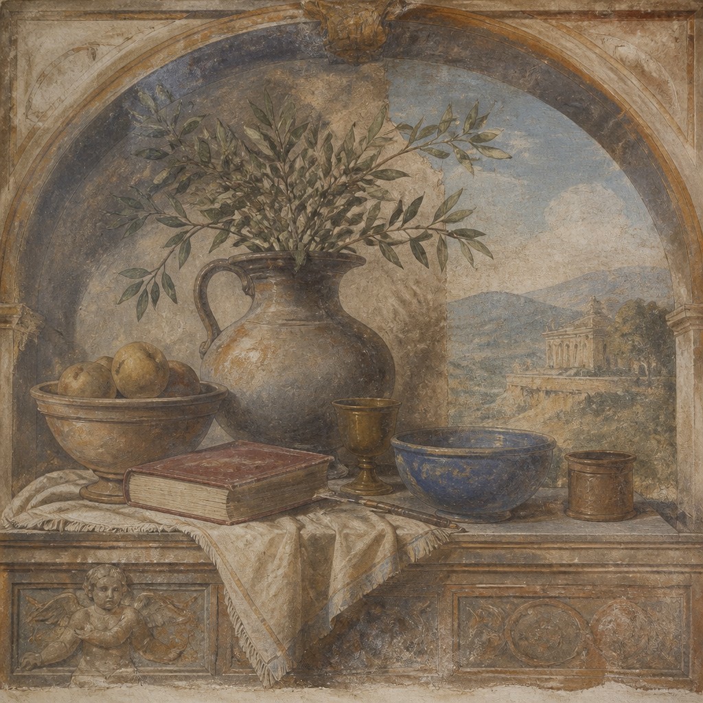 still life with everyday objects — Fresco Narrative Renaissance Art Style