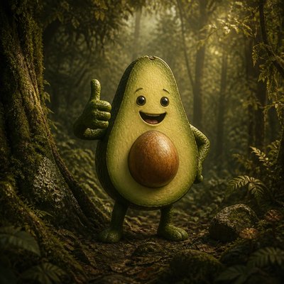 a happy avocado character giving a thumbs up, bold readable design on a plain background, no text