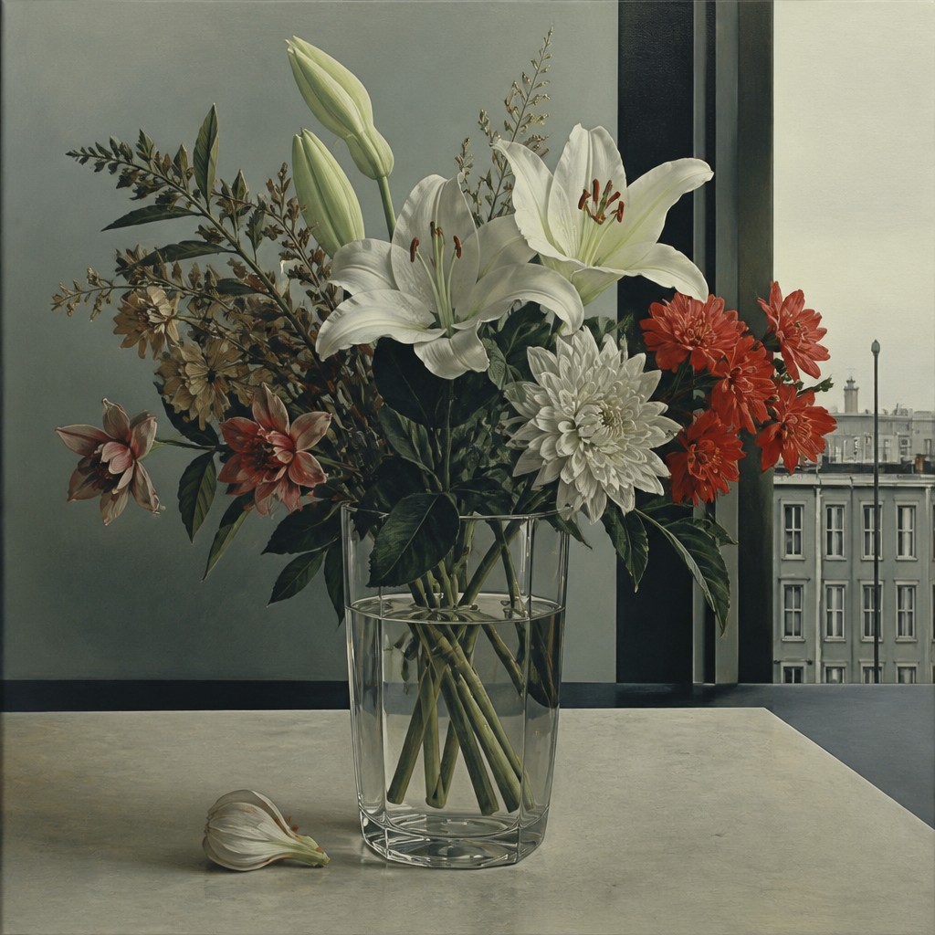 bouquet of flowers in a glass vase — New Objectivity Art Style