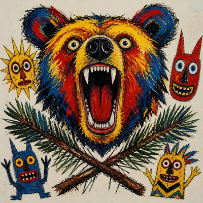 a roaring bear head above crossed pine branches, bold graphic composition on a plain background, no text