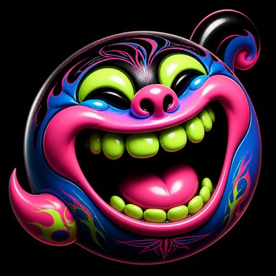 an exaggerated laughing face of an original round mascot character, bold and readable at small size, plain background, no text