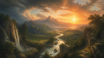 a vast valley with a river winding toward distant mountains at sunrise, no people, no text