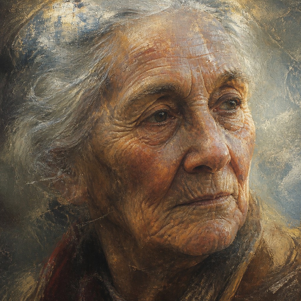 close-up portrait of an elderly person with expressive weathered features — Scumbling Painting Style