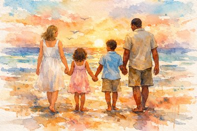 An outdoor scene in at the beach.  A White Mom and African-American Dad walk away from the camera with their two kids, all holding hands.  The mood is warm and safe.  The sun is setting in the distance.  Everyone is wearing beach-style clothes, not bathing suits.  It's a pretty happy family.