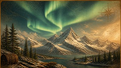 a flowing aurora over snowy peaks, wide sweeping composition, no people, no text