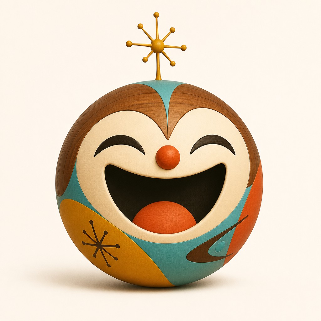 an exaggerated laughing face of an original round mascot character, bold and readable at small size, plain background, no text